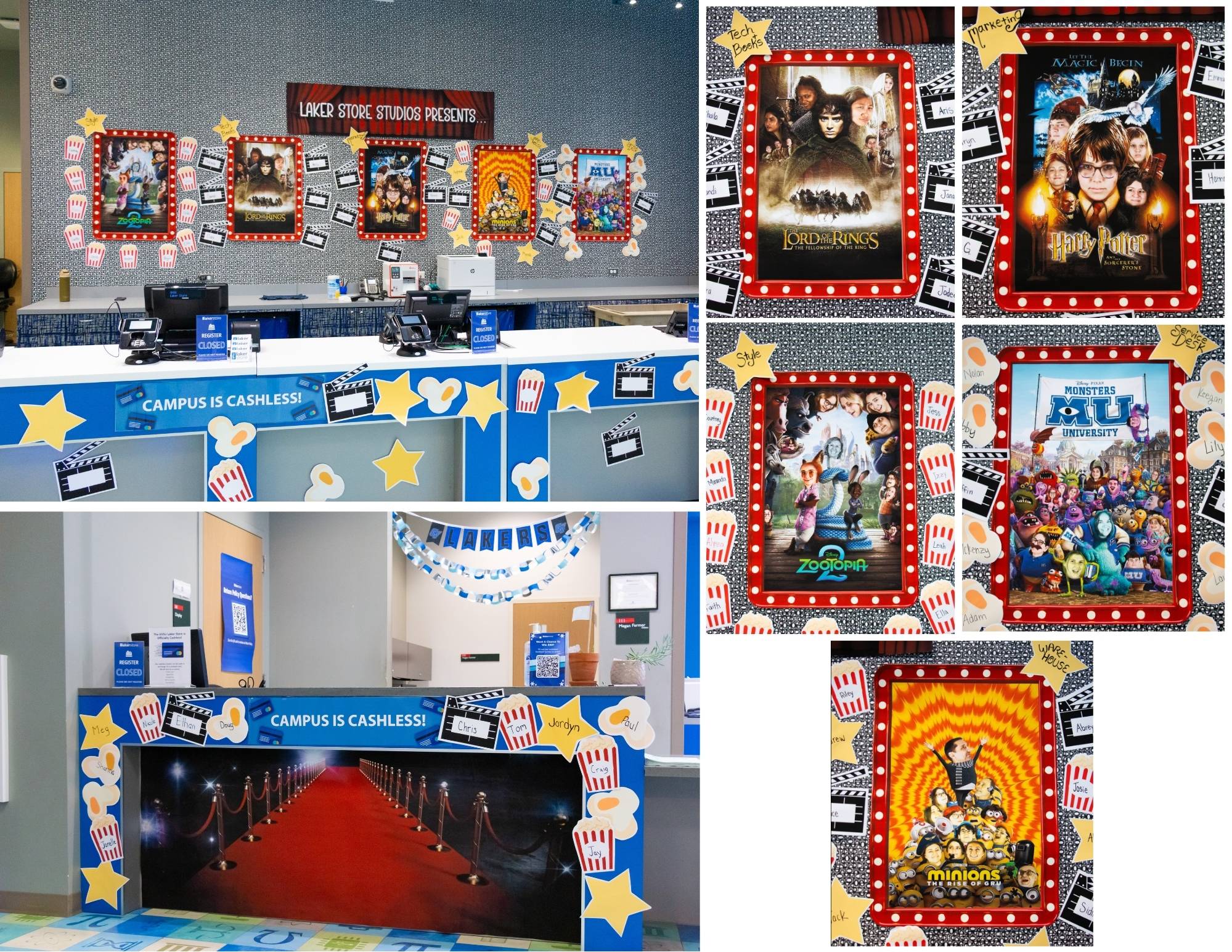 "Laker Store Studios Presents" sign above desk with 4 large movie posters underneath. Lots of popcorn and start and movie themed decorations with the names of all their student employees on popcorn buckets